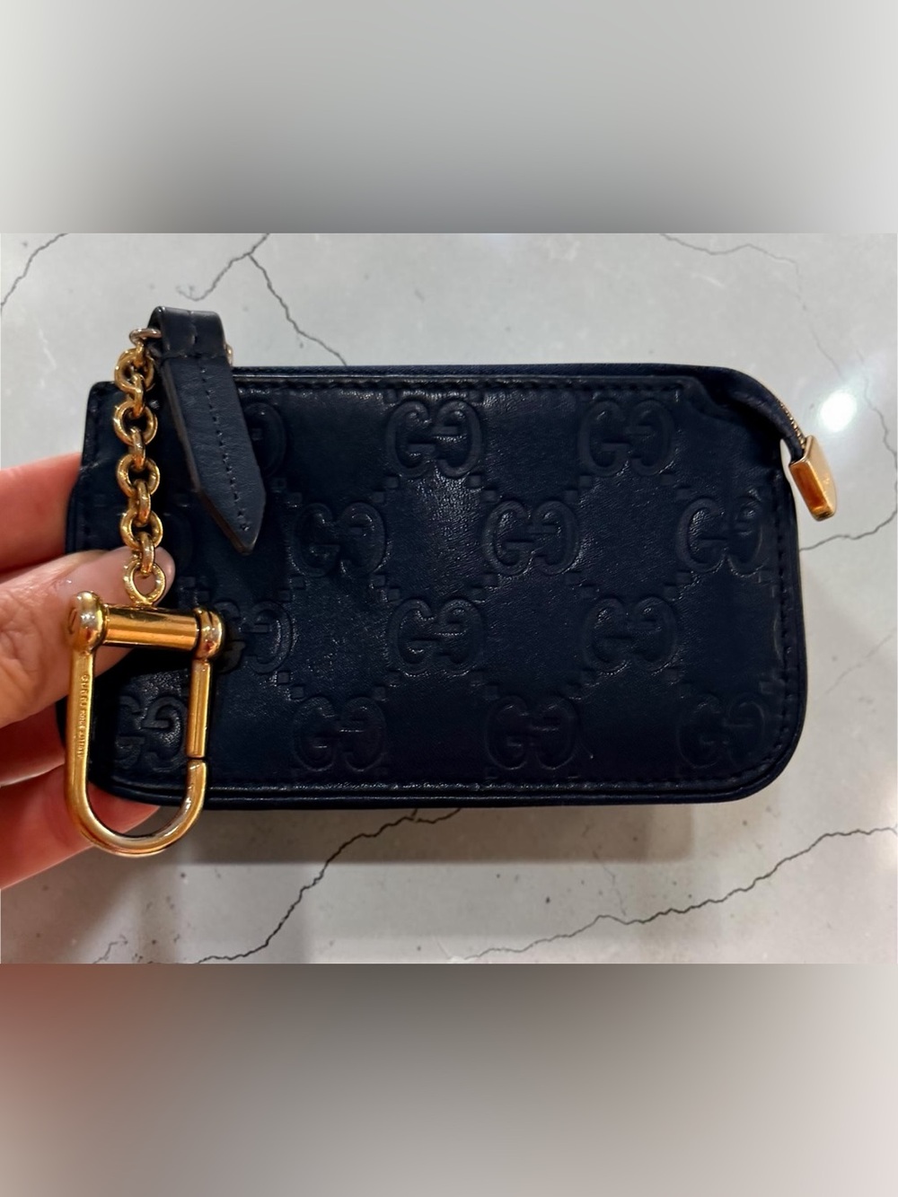 Gucci Guccissima Navy Blue Leather Key Pouch Wallet Full Set Box Dust Bag
